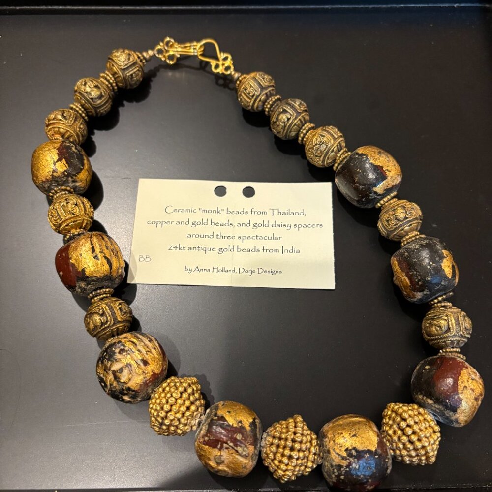 Ceramic Monk beads w 24 K gold beads from Thailand